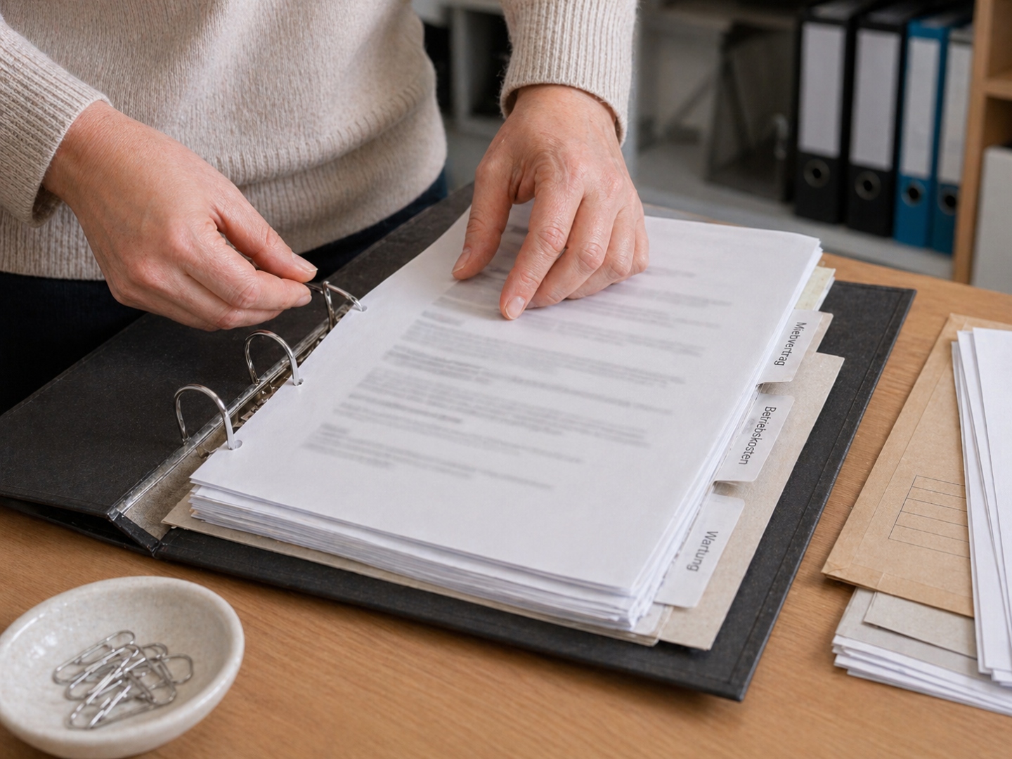 Hausverwalterin blättert in einem Papier-Ordner mit Registern Mietvertrag, Betriebskosten, Wartung – typischer Suchaufwand vor der Digitalisierung